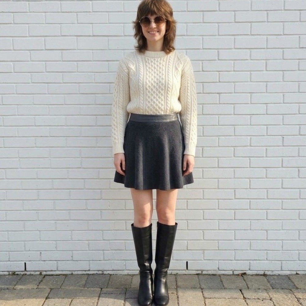 Theory 100% Wool Leather Waistband Skirt Womens M Flare Mini Rock Luxury Earthy
